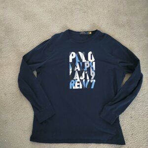 Polo Ralph Lauren XL Mens L/S 1967 T Shirt Dark Blue w QR Code 100% Cotton VGUC